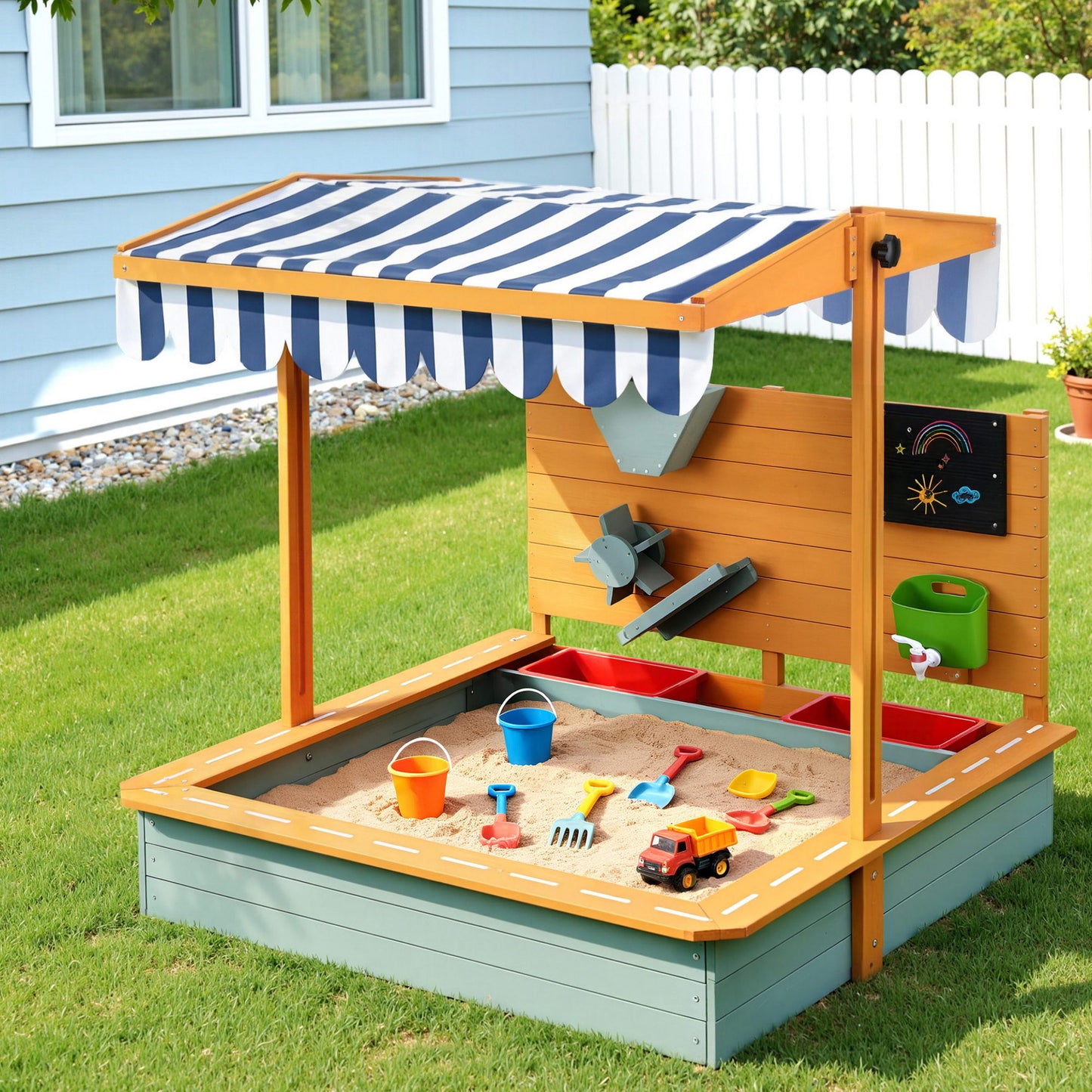 KEEZI KIDS 110CM WOODEN SANDBOX WITH CANOPY